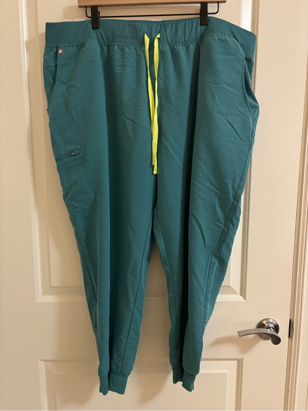 Figs Teal Scrub Jogger Pants with Neon Yellow Drawstring